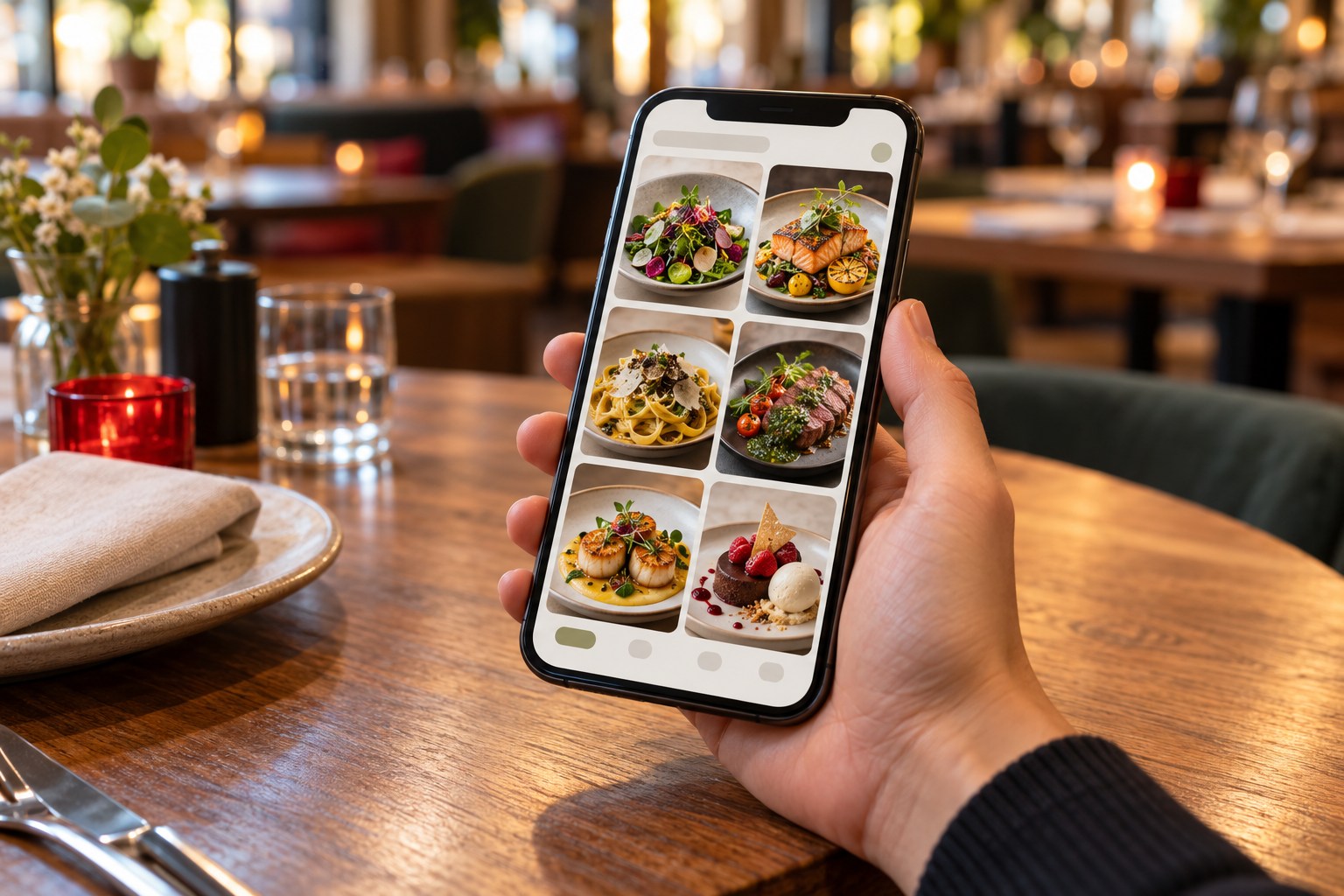 Mão segurando um celular sobre a mesa, com o cardápio digital exibido em grade de fotos de pratos