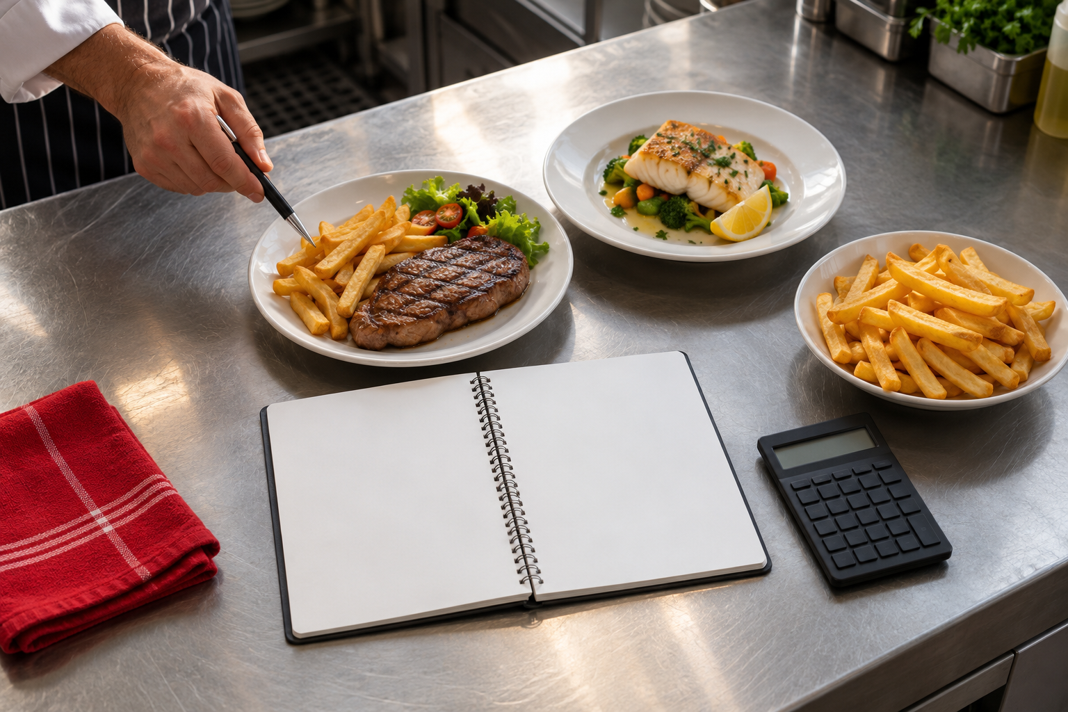 Bancada de cozinha com pratos prontos, um caderno e uma calculadora usados para conferir o custo de cada prato