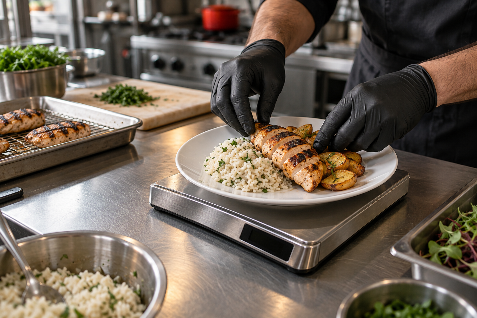 Cozinheiro pesa a porção de carne de um prato em balança digital na bancada da cozinha