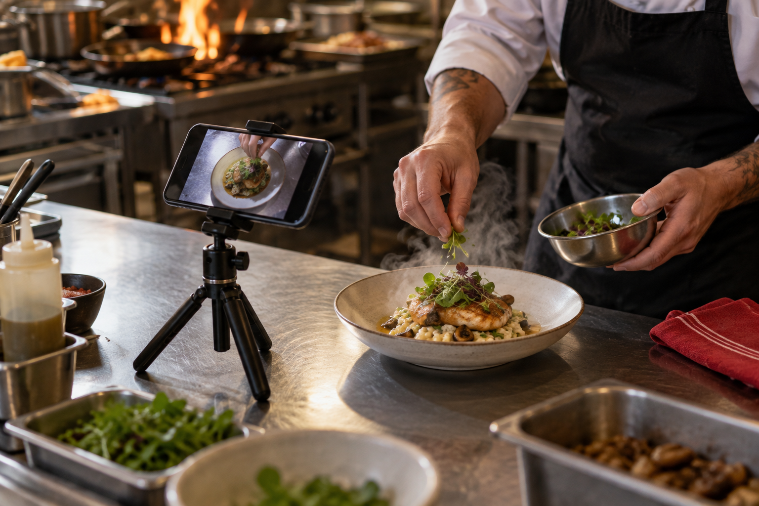 Celular preso a um tripé de bancada grava as mãos de um cozinheiro finalizando um prato durante o serviço