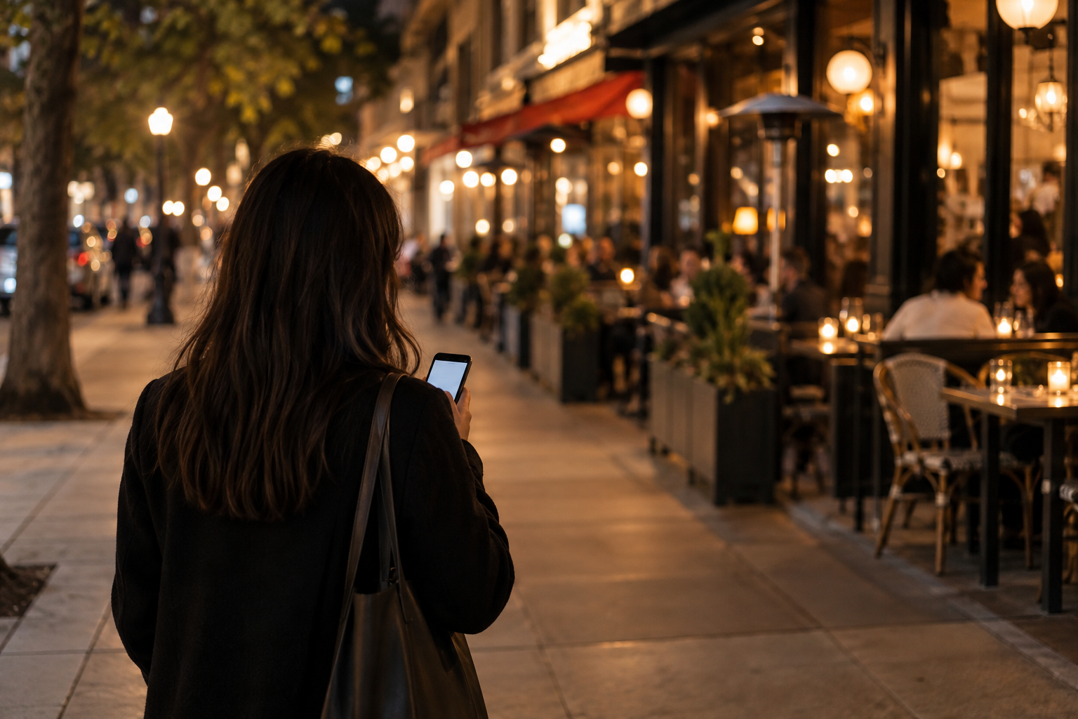 Pessoa de costas na calçada de uma rua de bares consulta o celular para decidir onde vai comer