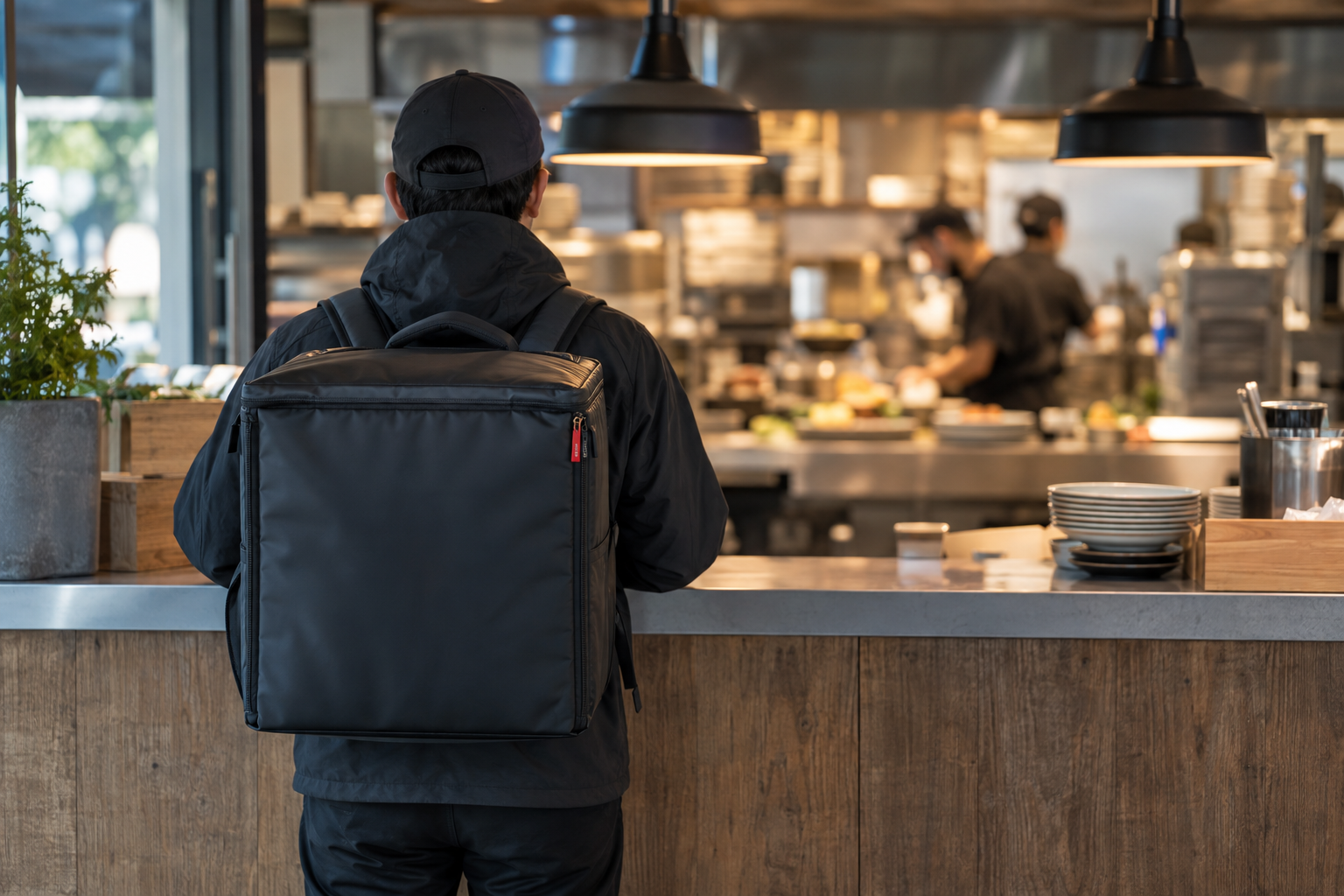 Entregador de costas aguardando no balcão de retirada de um restaurante enquanto a cozinha ainda monta pratos ao fundo
